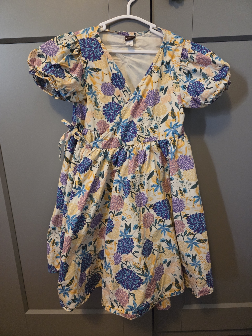 Tea 6y Floral Wrap Dress - Yellow with Blue & Purple Flowers